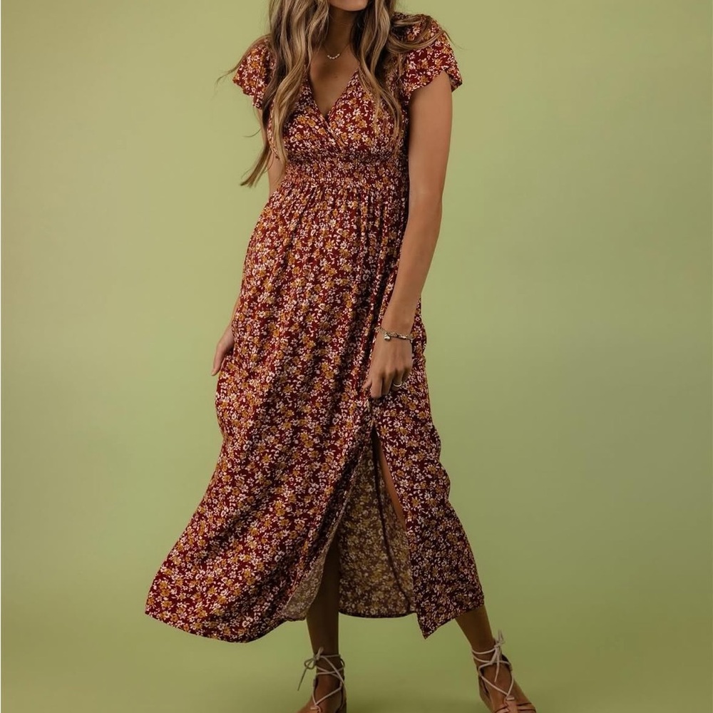 Floral Maxi Dress in Red and Brown purchased at RooLee